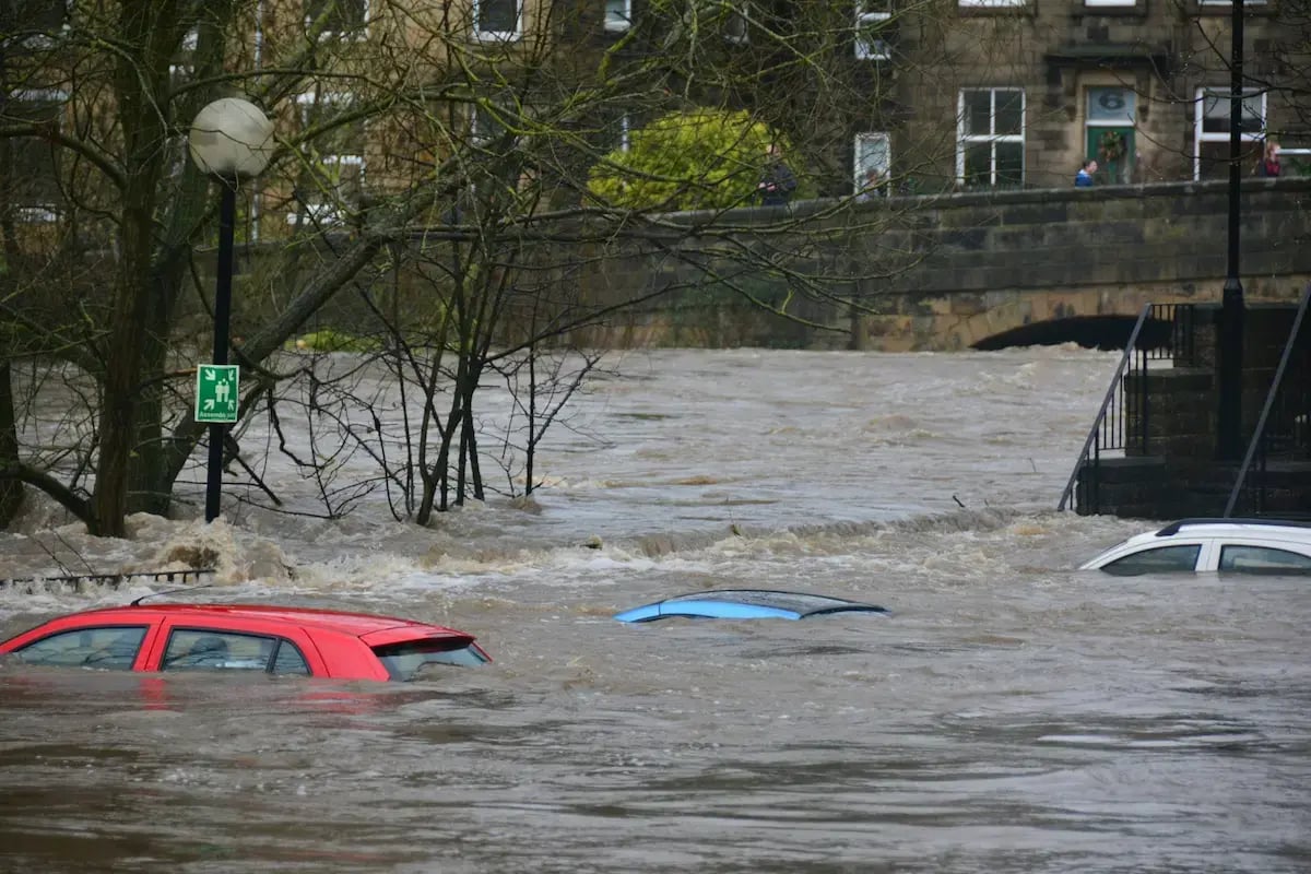 Flood in the uk with cars under water
