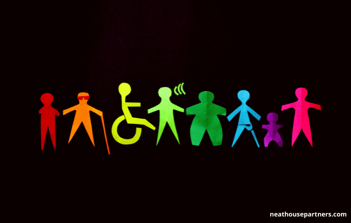 Inclusion concept graphic showing multi coloured people icons with different disabilities 