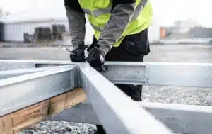 Woman wearing protective gear at a UK construction yard